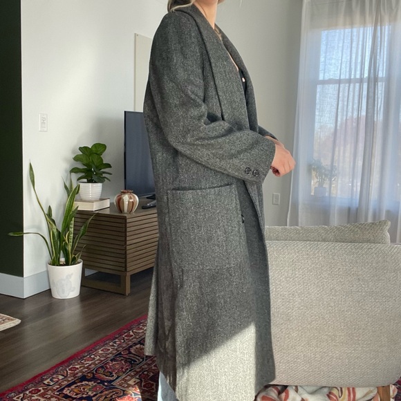Grey Wool Coat Herringbone Vintage Charcoal Long Jacket Double Breasted Collared - Picture 3 of 8